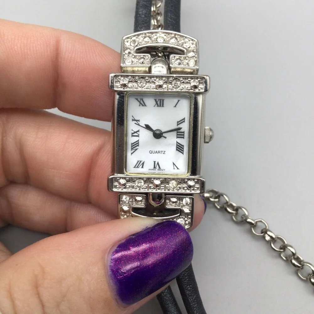 Avon Womens Watch 20mm White Dial Black Wrap Leather Chain Strap New Battery